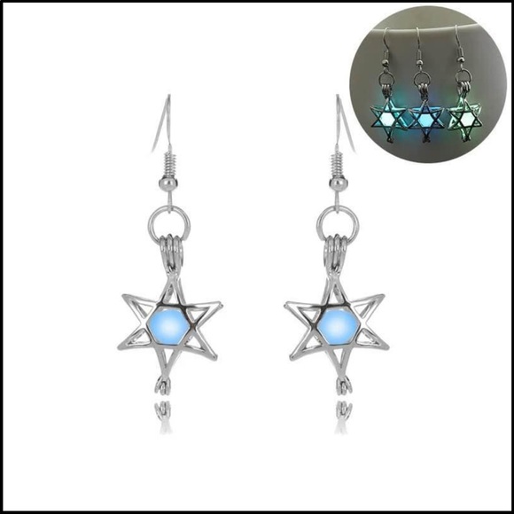 Hanukkah Luminous BLUE Star Of David Earrings - Picture 3 of 5
